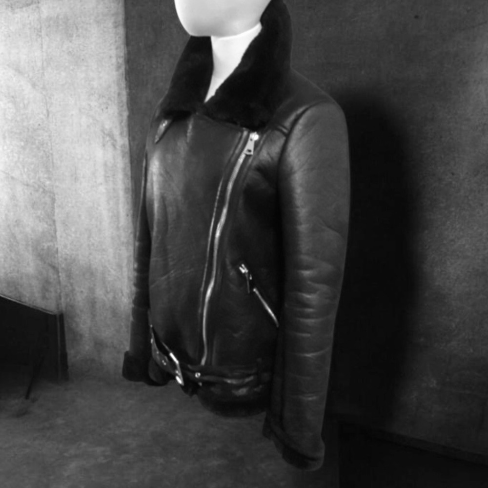 L&J Studios Womens Black Faux Shearling Aviator Moto Jacket Belted XS Gothic - Picture 4 of 11